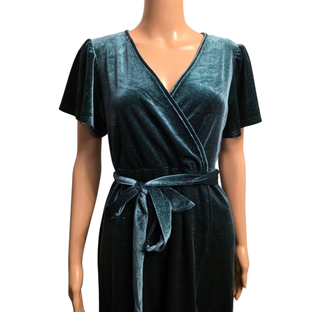 Badgley Mischka Elegant Sparkling Emeral Green Velvet Wrap Dress Size PM - Picture 3 of 16